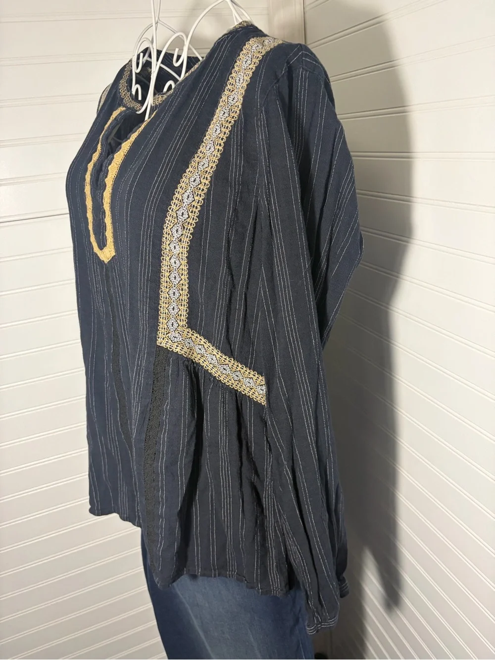 J.Jill Navy Embroidered V-Neck Peasant Top - Picture 4 of 9